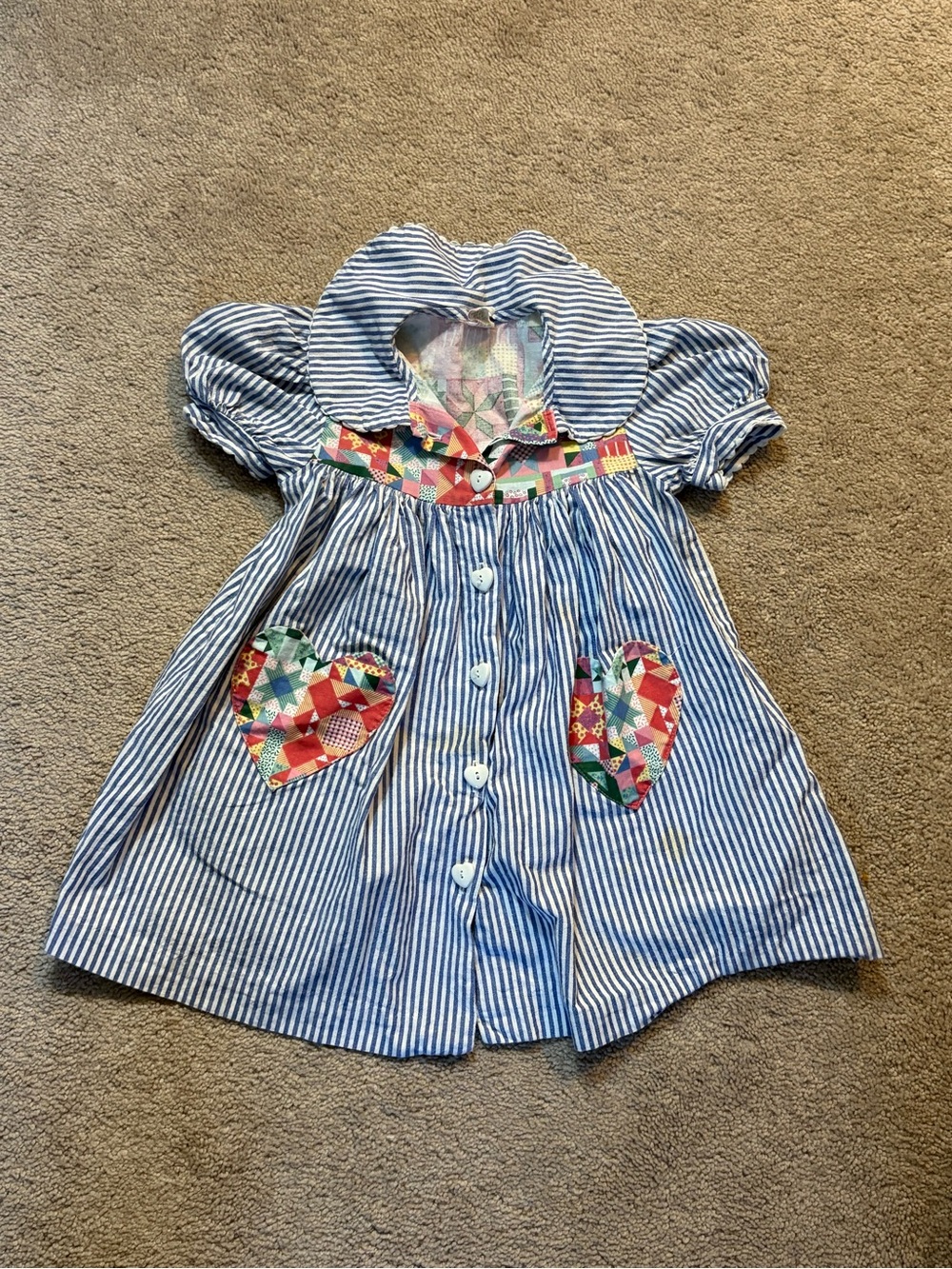 Vintage ‘90’s  Blue and White Striped Toddler Dress with Patchwork Detail